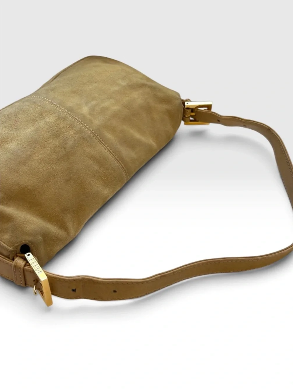 Fendi FF Logo Buttery Soft Camel Suede Baguette Bag Tan Gold